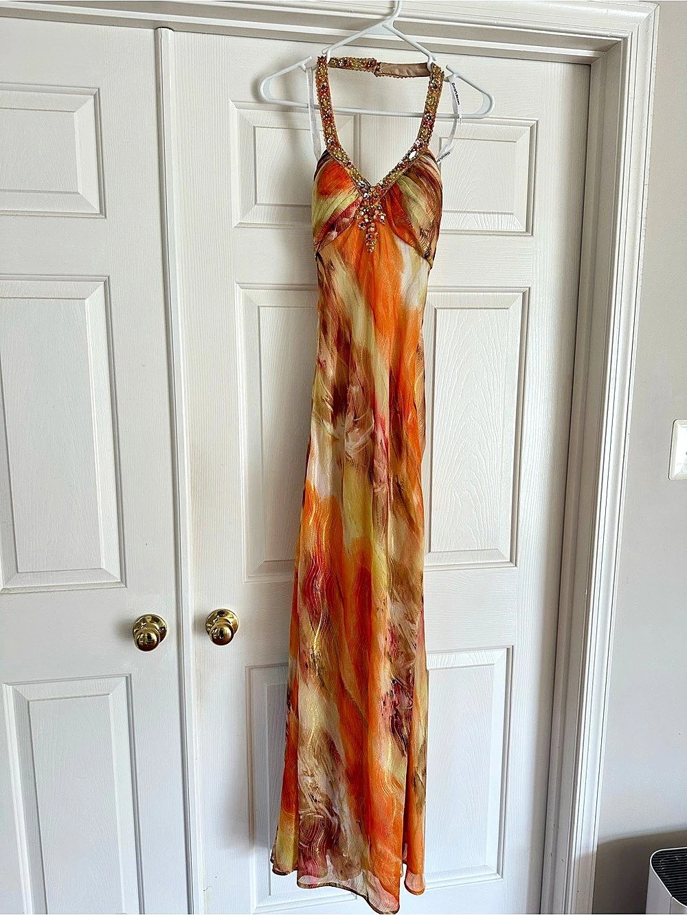 David's Bridal Abstract Beaded Maxi Dress Orange & Brown